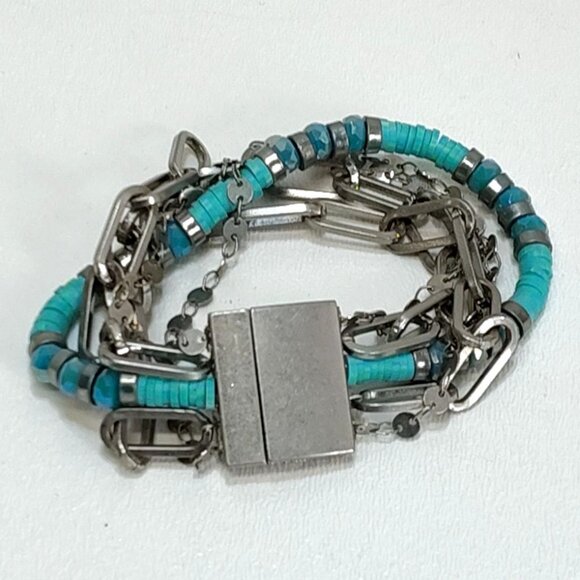 Turquoise & Silver Colored Bracelet Multi-Strand Magnetic Clasp Not Sterling - Picture 1 of 5